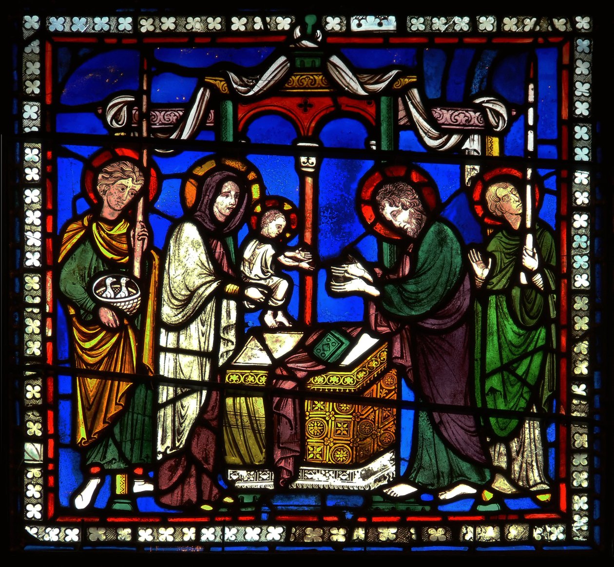 Detail eines der Bibelfenster, das die Darstellung im Tempel zeigt (Detail) von English School