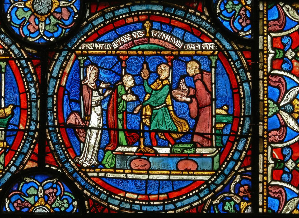 Detail des Wunderfensters, das Audrey von Canterbury zeigt, wie sie Heilwasser nimmt (Detail) von English School