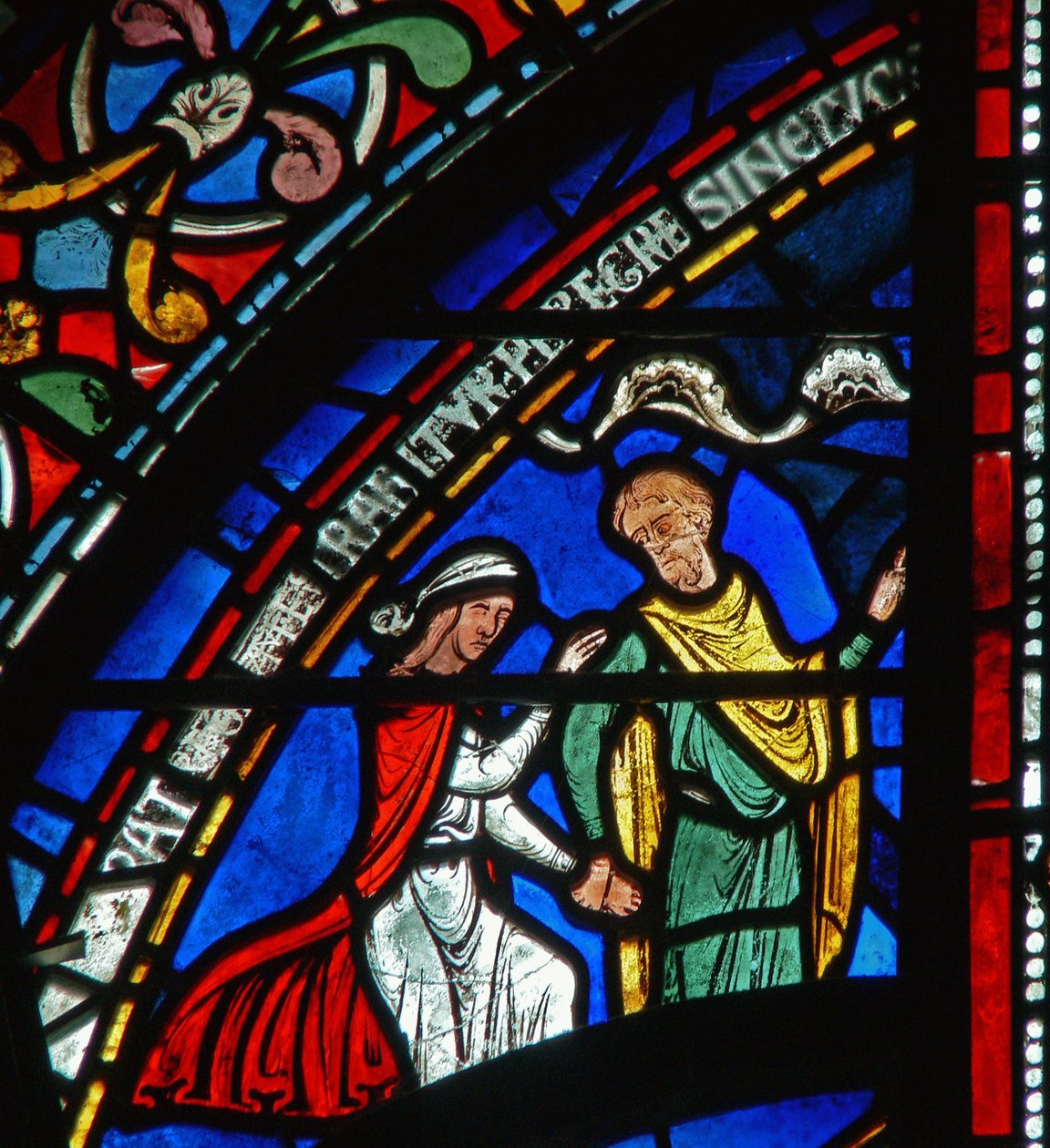 Detail aus dem Wunderfenster, das die Geschichte von Juliana von Rochester darstellt (Buntglas) von English School