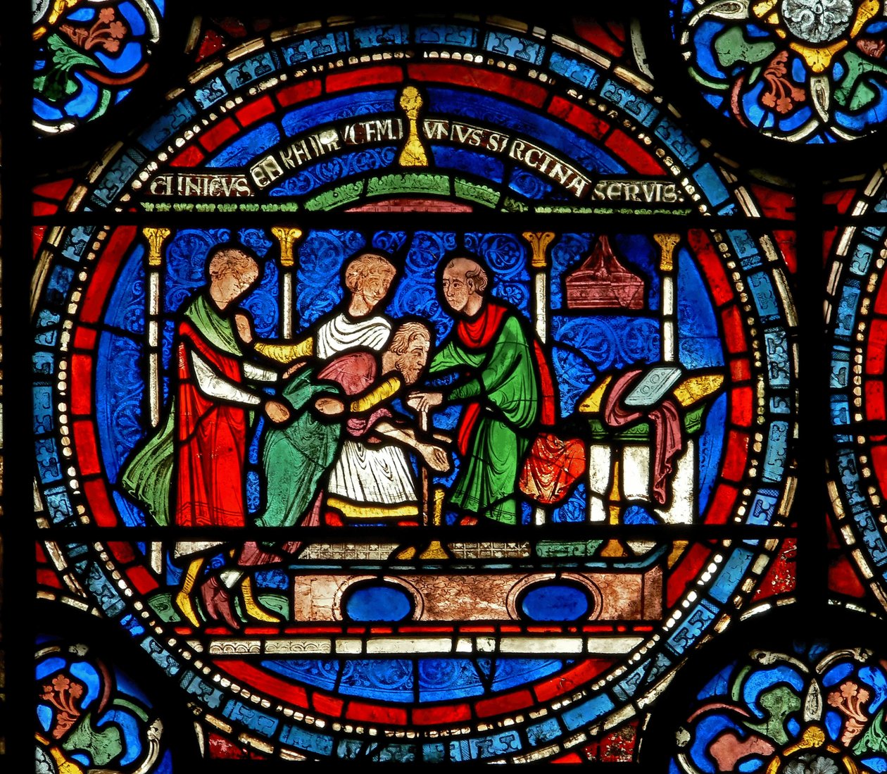 Detail des Wunderfensters, das Robert von Cricklade am Grab zeigt (Detail) von English School