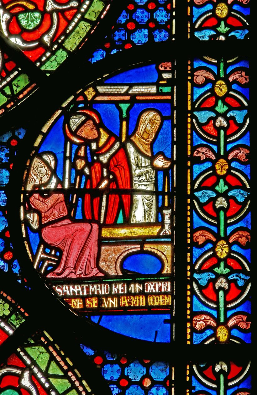 Detail aus dem Wunderfenster, das die Heilung der Töchter von Godbold von Boxley darstellt von English School