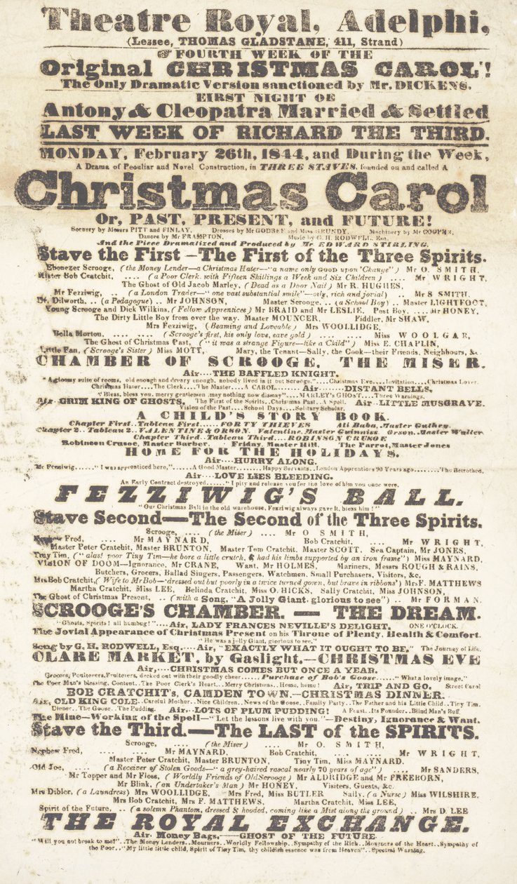 Dickens Spielplan: A Christmas Carol im Adelphi Theatre Royal, 26. Februar 1814 von English School