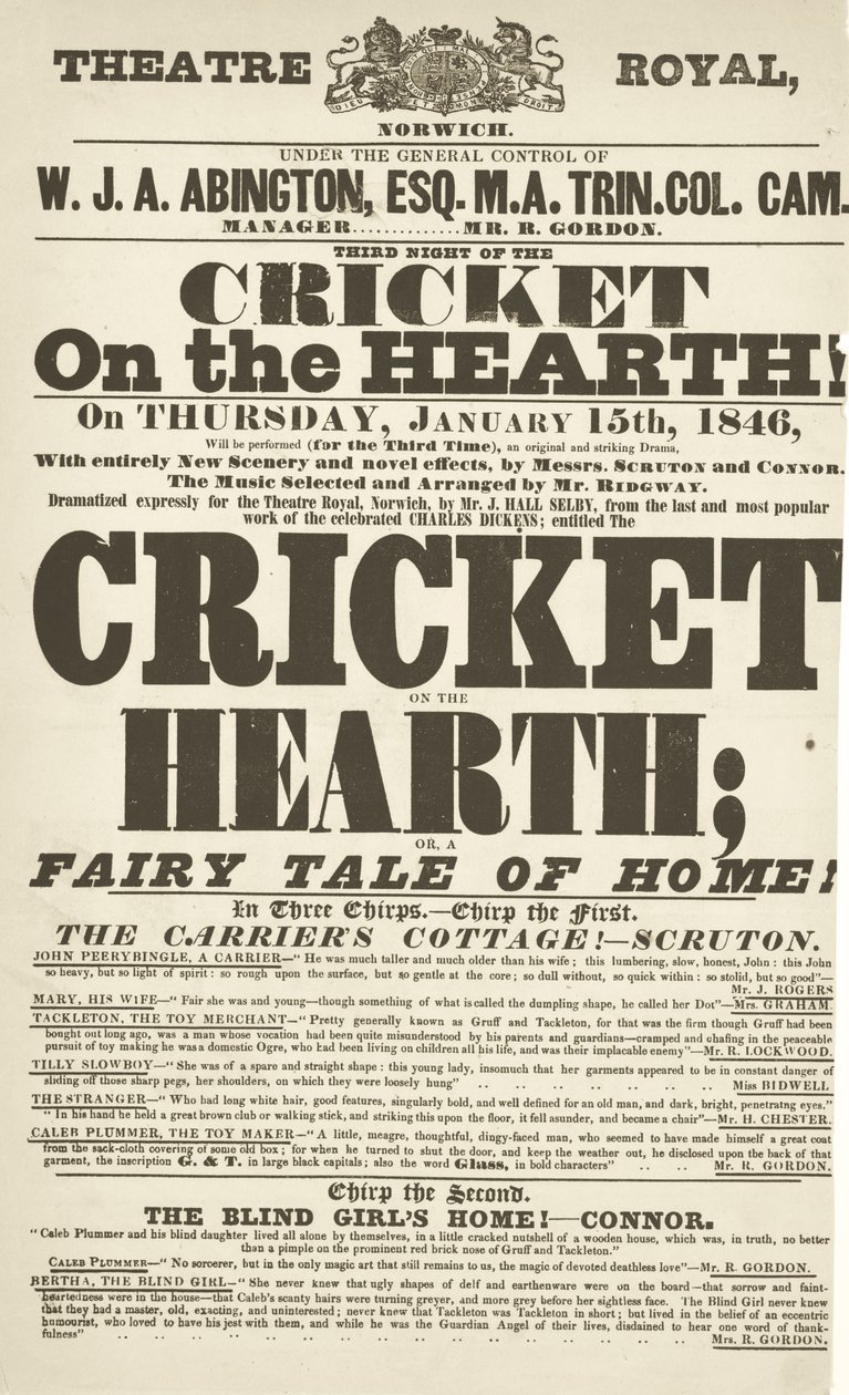 Dickens Spielplan: The Cricket on the Hearth im Theatre Royal, Derby, 15. Januar 1846 von English School