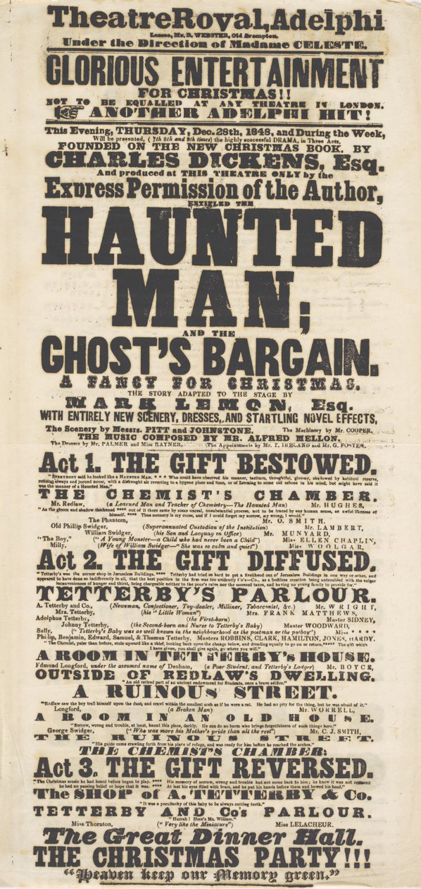 Dickens Spielplan: The Haunted Man im Adelphi Theatre Royal, 28. Dezember 1848 von English School