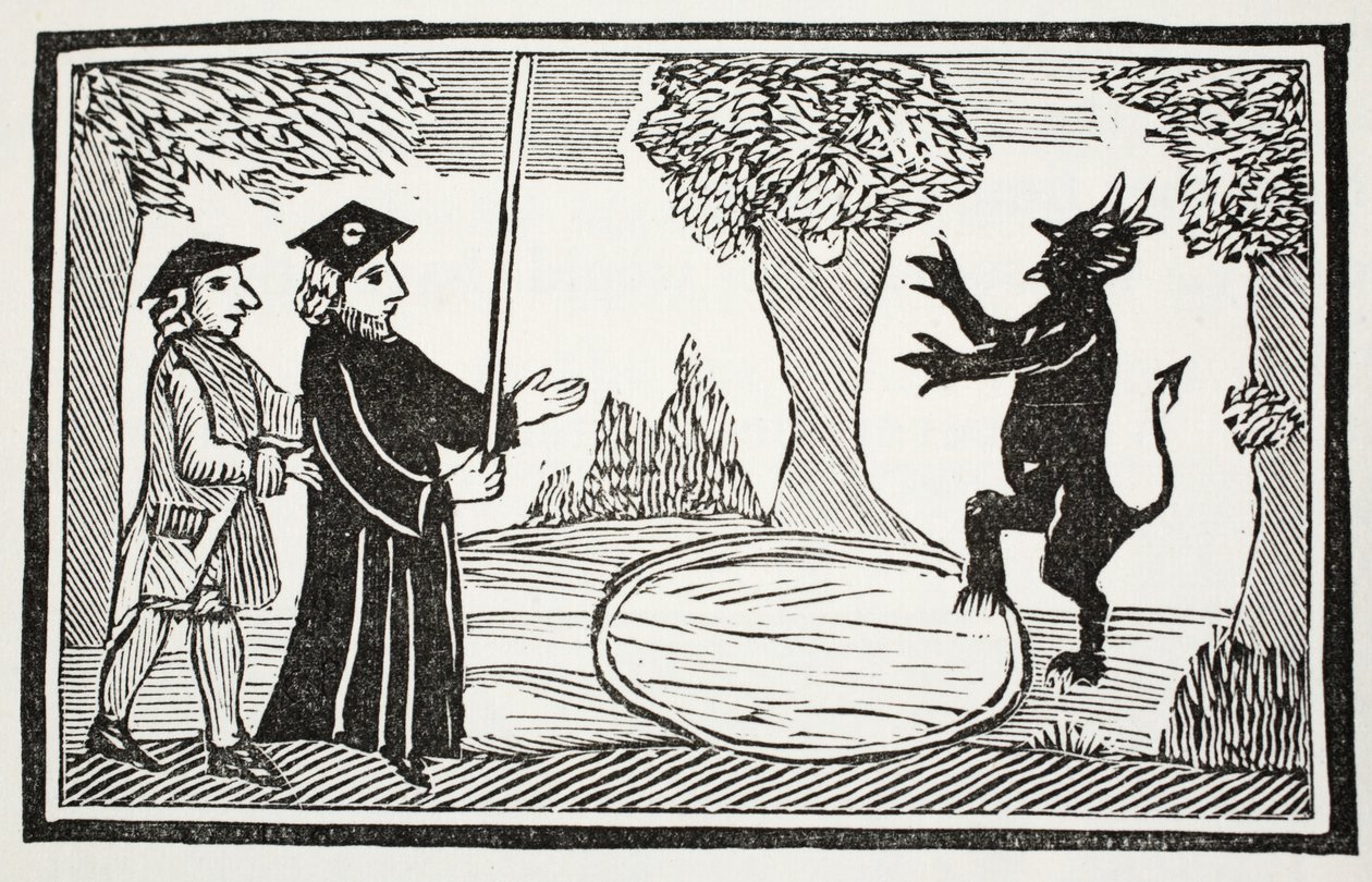 Dr. Faustus beschwört den Teufel, Illustration aus Chap-books of the Eighteenth Century von John Ashton, veröffentlicht 1882 von English School