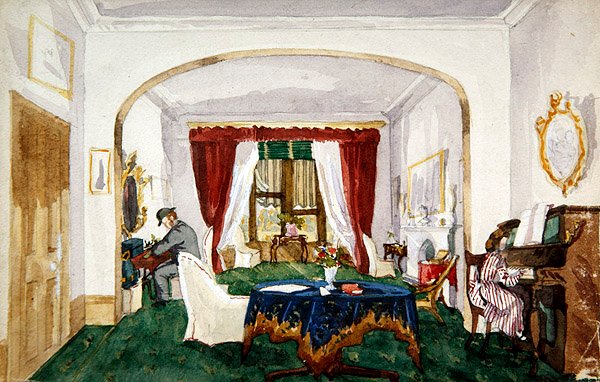 Saloninterieur, Frau am Klavier, Mann mit Melone beim Schreiben, ca. 1850 von English School