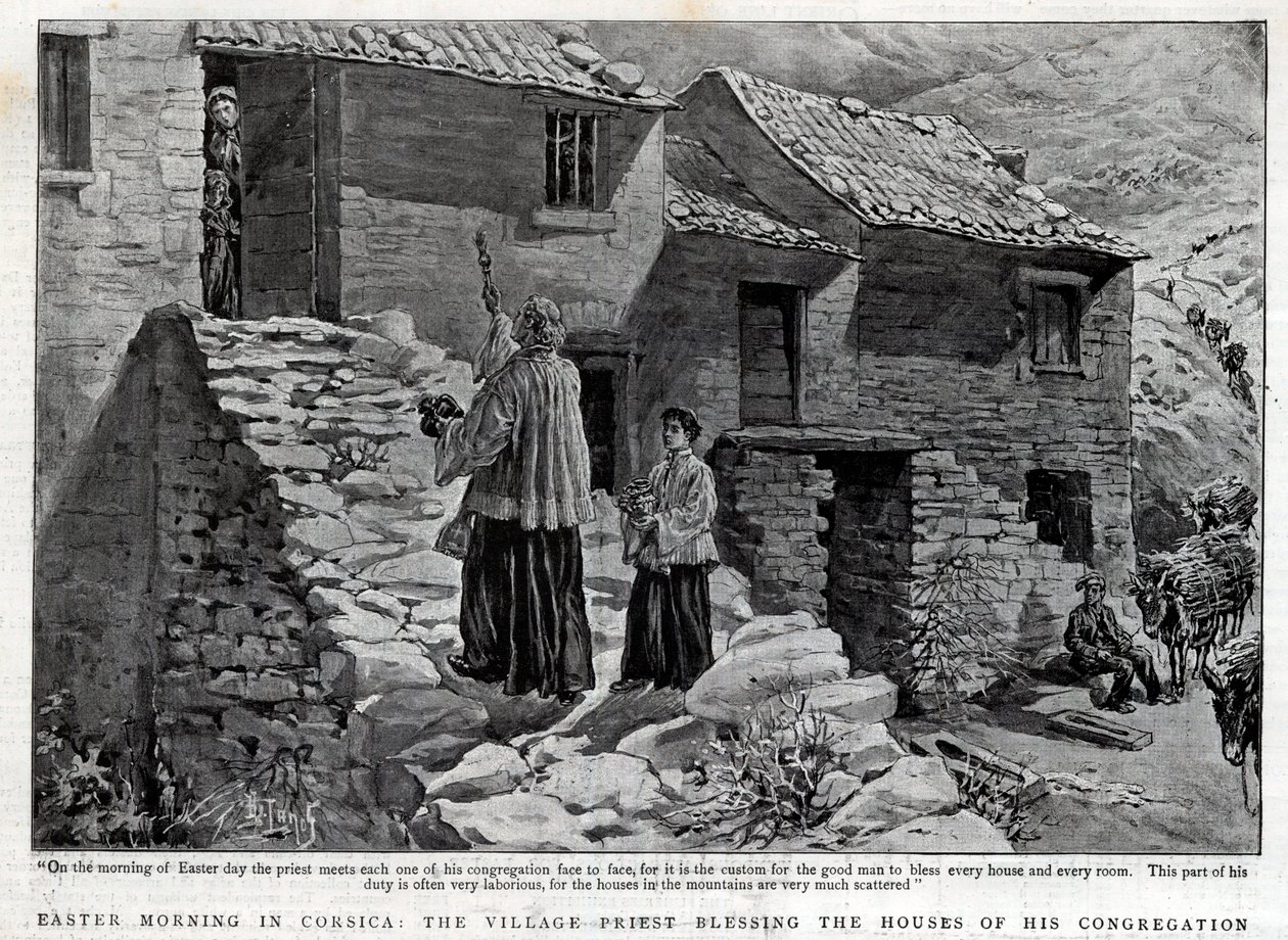 Ostermorgen auf Korsika, der Dorfpriester segnet die Häuser seiner Gemeinde - Illustration für The Graphic von English School