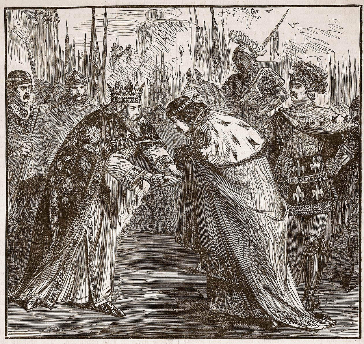 Edward empfängt König Johann von Frankreich, Illustration aus Cassells Illustrierter Geschichte Englands von English School