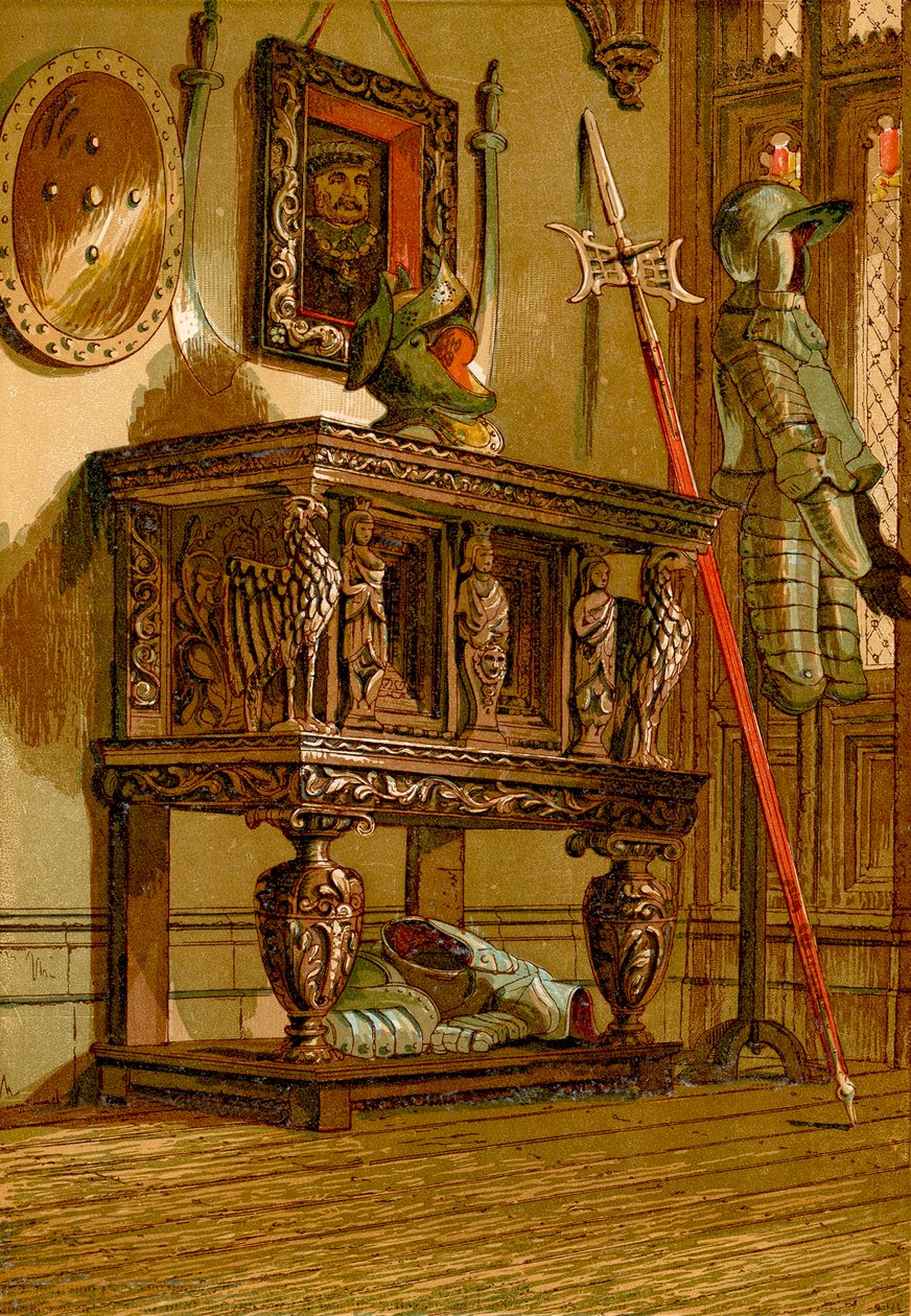 Elisabethanisches Sideboard oder Schrank in Warwick Castle (farbige Gravur) von English School
