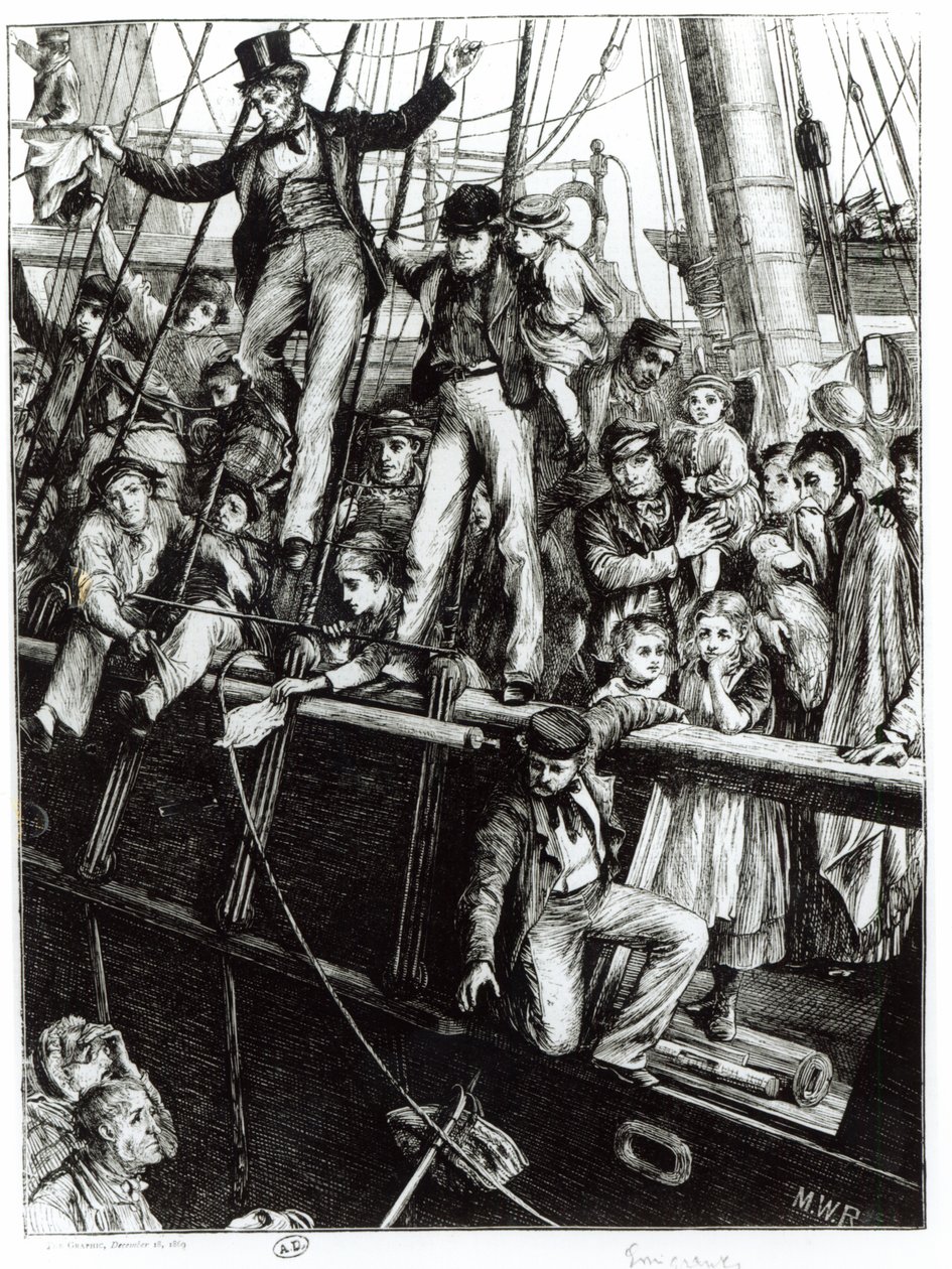 Auswanderer verlassen Alt-England, aus der Zeitschrift The Graphic, 18. Dezember 1869 von English School