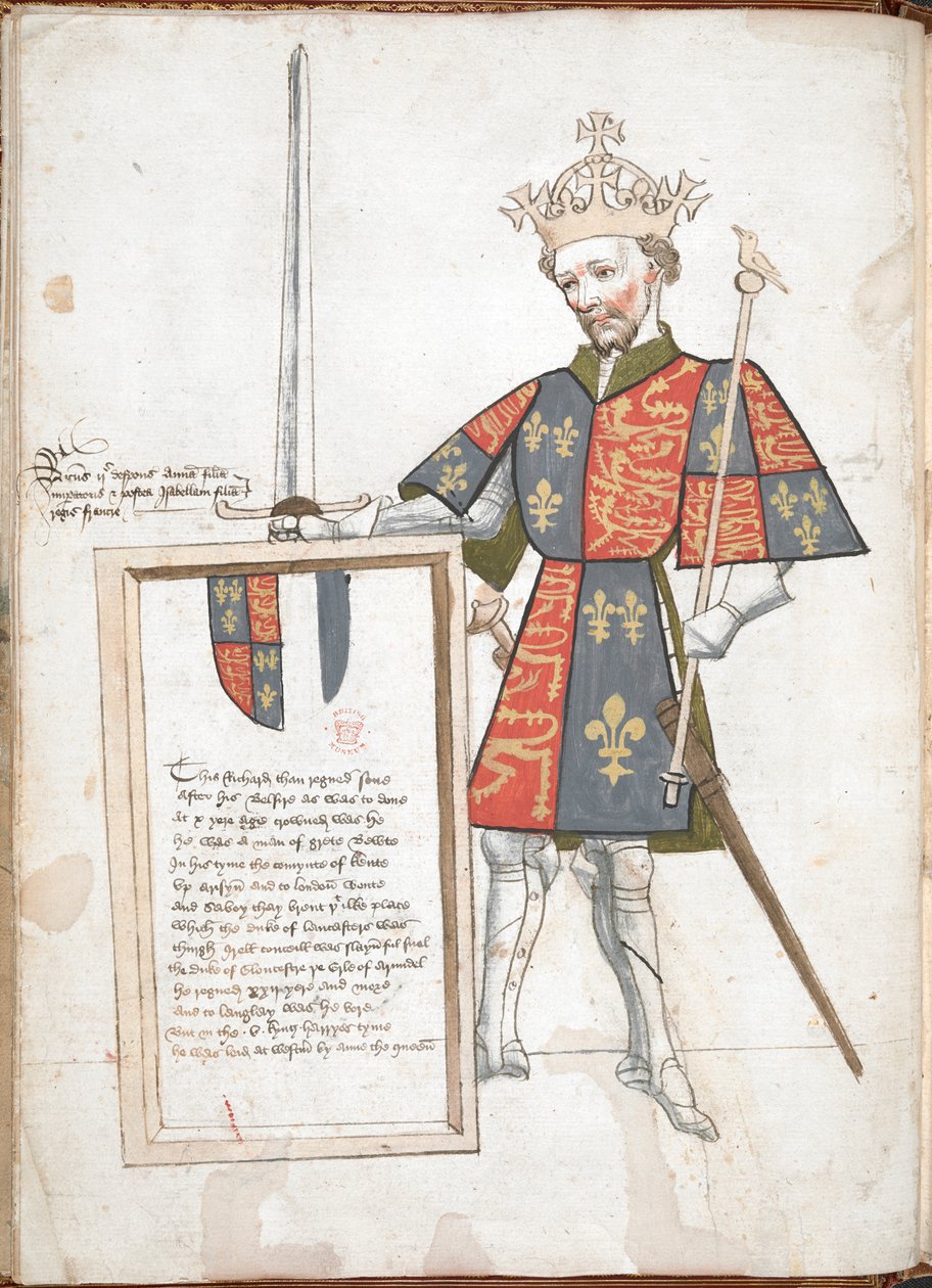 Englischer König in Rüstung und Wappenrock (Richard II), präsentiert eine Tafel mit Versen von English School
