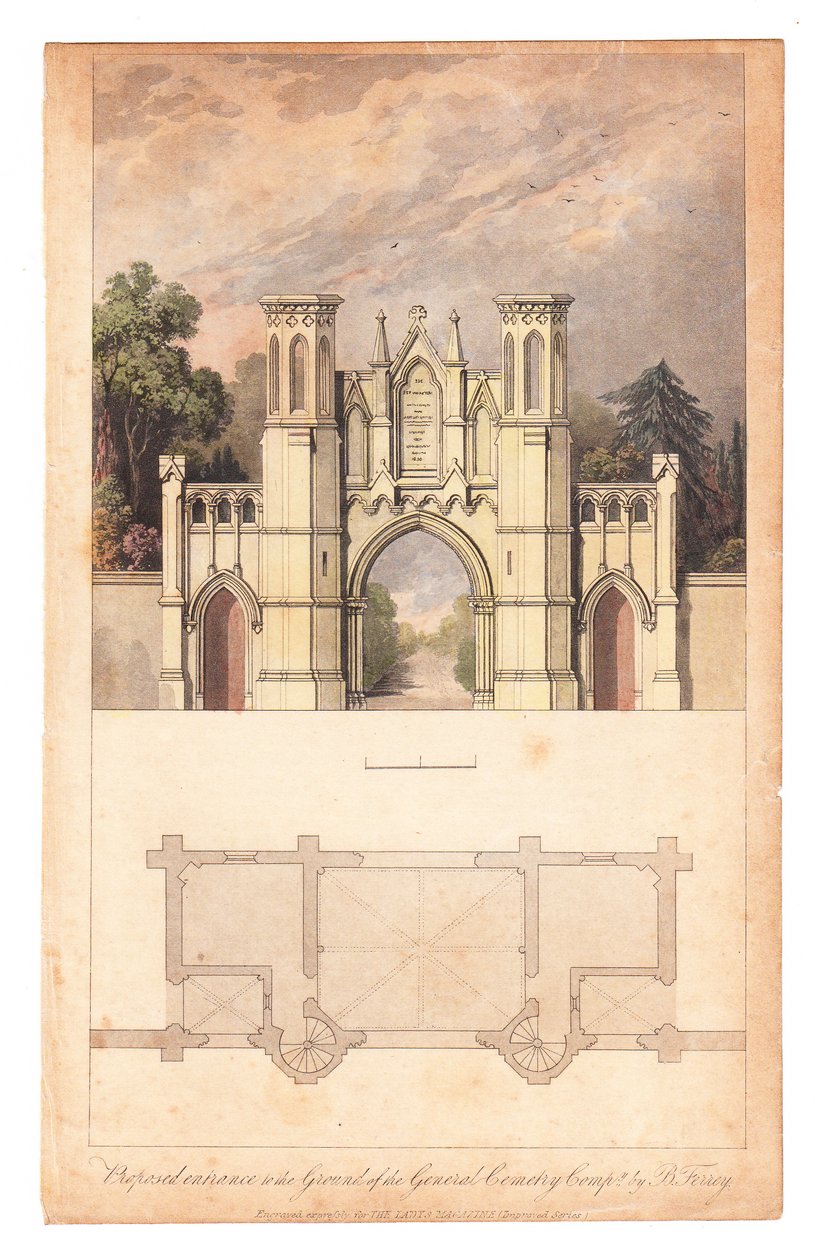 Eingang zum Highgate Cemetery, veröffentlicht von The Lady Magazine, ca. 1839 von English School