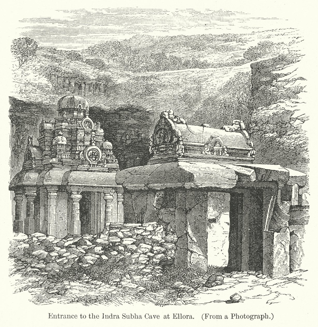 Eingang zur Indra Subha Höhle in Ellora (Gravur) von English School