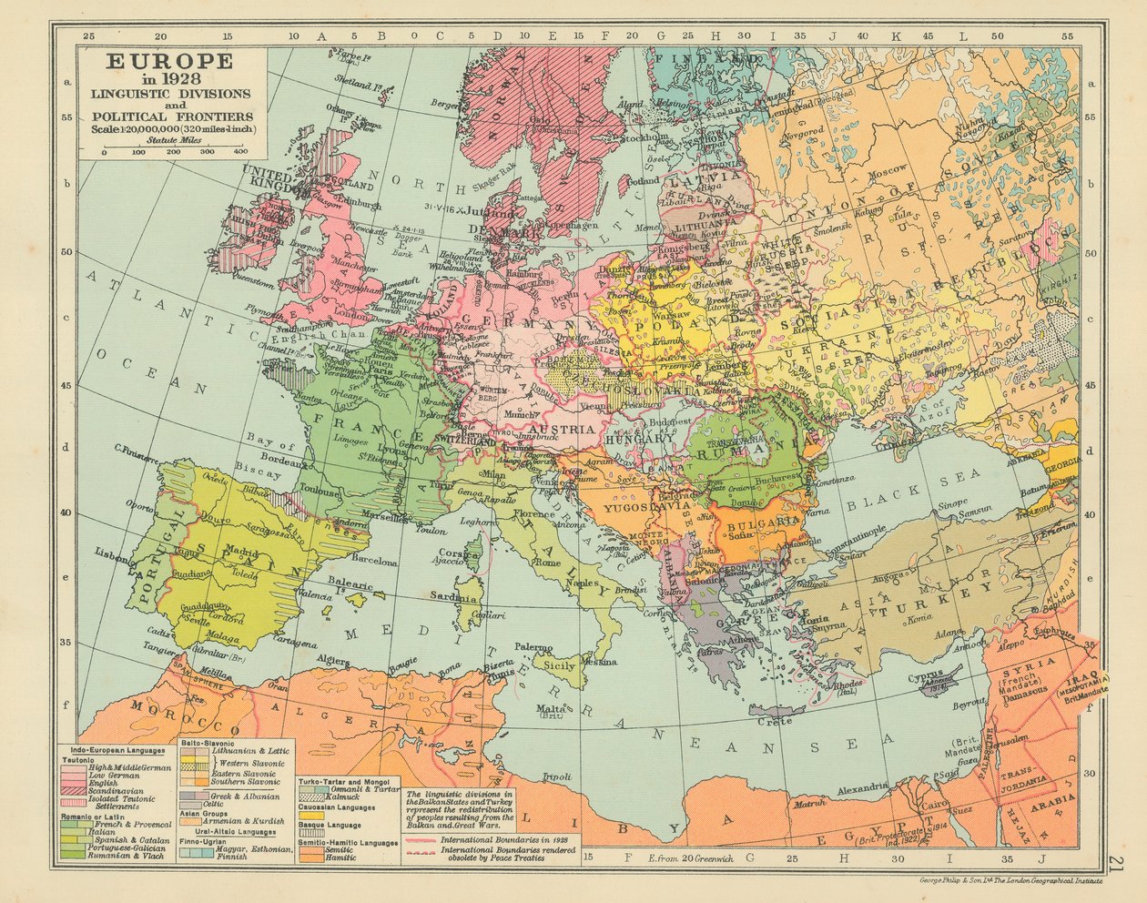 Europa im Jahr 1928 Sprachliche und politische Grenzen (Farblithografie) von English School