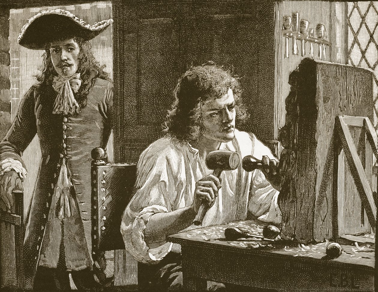 Evelyn entdeckt Grinling Gibbons, Illustration aus Cassells Illustrierter Geschichte Englands von English School