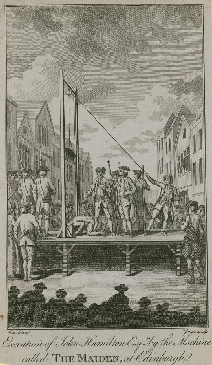 Hinrichtung von John Hamilton Esq durch die Maschine namens The Maiden (Gravur) von English School
