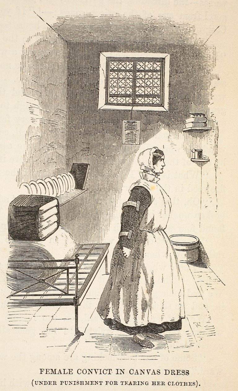 Weibliche Sträflinge in Leinwandkleidern (zur Strafe für das Zerreißen ihrer Kleidung), Illustration aus The Criminal Prisons of London and Scenes from Prison Life von Henry Mayhew und John Binny, veröffentlicht 1862 von English School