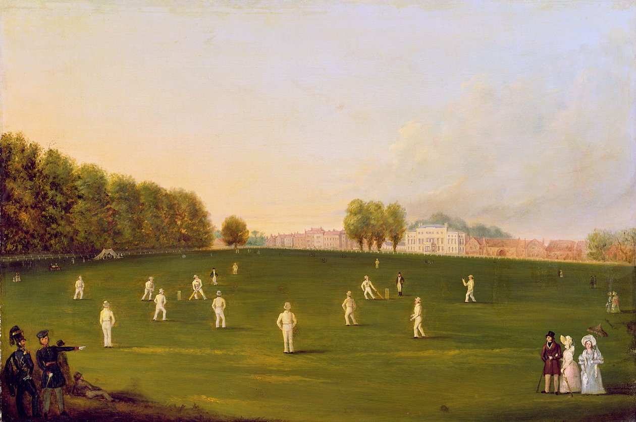 Erstes großes Cricketspiel der Mitglieder der Royal Amateur Society auf dem Hampton Court Green, 3. August 1836 von English School