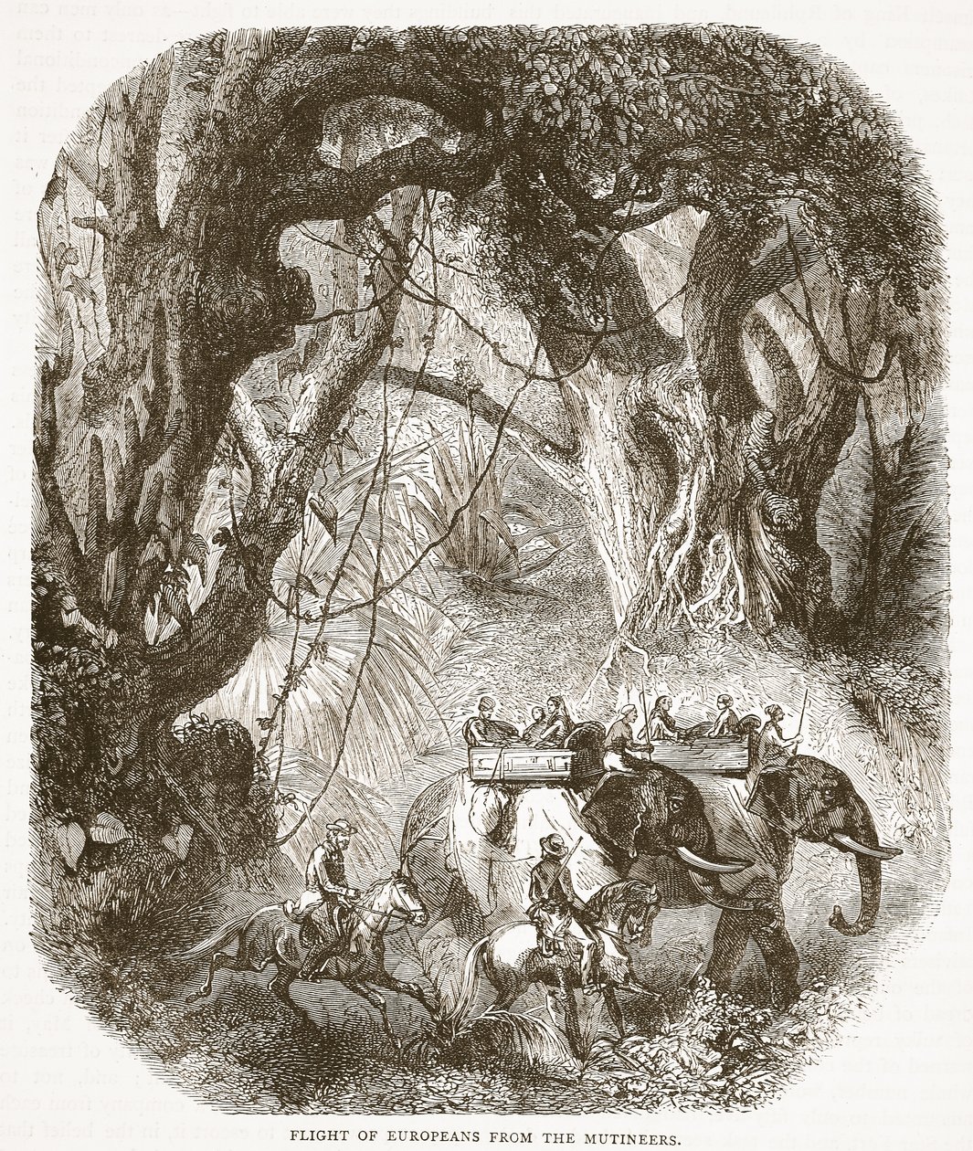 Flucht der Europäer vor den Meuterern, Illustration aus Cassells Illustrierter Geschichte Englands von English School