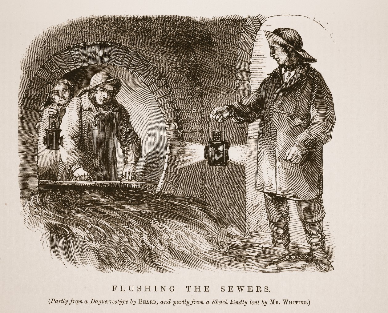 Spülung der Kanalisation, teilweise nach dem Daguerreotypie von Richard Beard und teilweise nach einer freundlicherweise von Herrn Whiting geliehenen Skizze, Illustration aus London Labour and London Poor von Henry Mayhew, veröffentlicht 1862 von English School