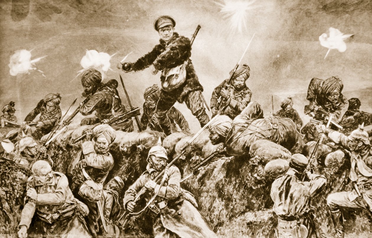 Für den Ruhm des Raj: Indische Truppen stürmen die deutschen Schützengräben bei Neuve Chapelle, März 1915, 1914-19 von English School