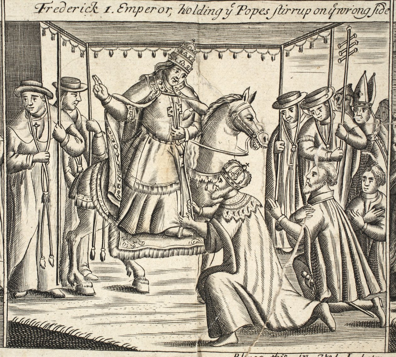 Friedrich I., Kaiser, hält den Steigbügel des Papstes auf der falschen Seite, Illustration aus Acts and Monuments von John Foxe, neunte Ausgabe, veröffentlicht 1684 von English School