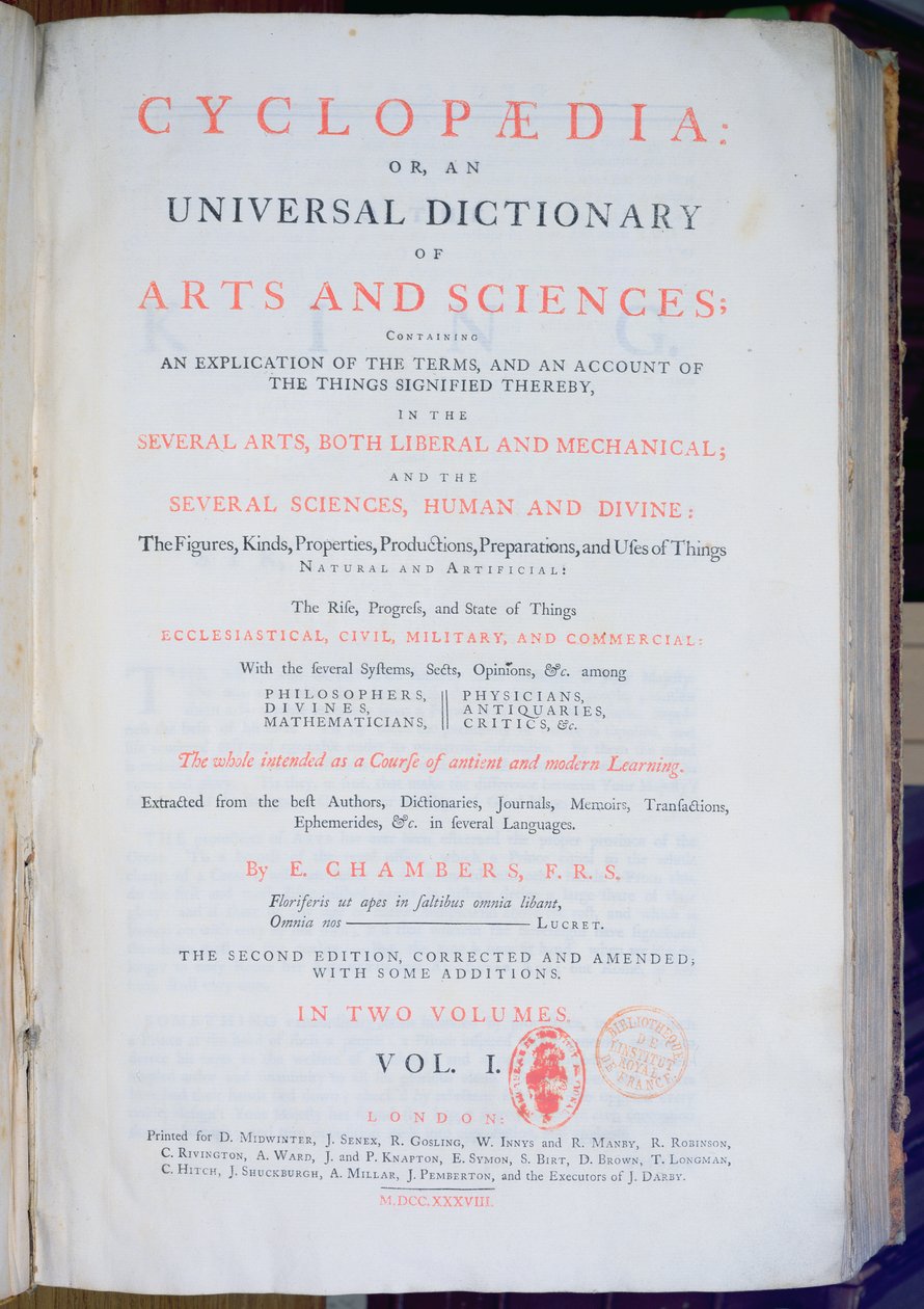 Frontispiz der Enzyklopädie: Ein Universalwörterbuch der Künste und Wissenschaften, Bd. I, von Ephraim Chambers, London, 1738 von English School