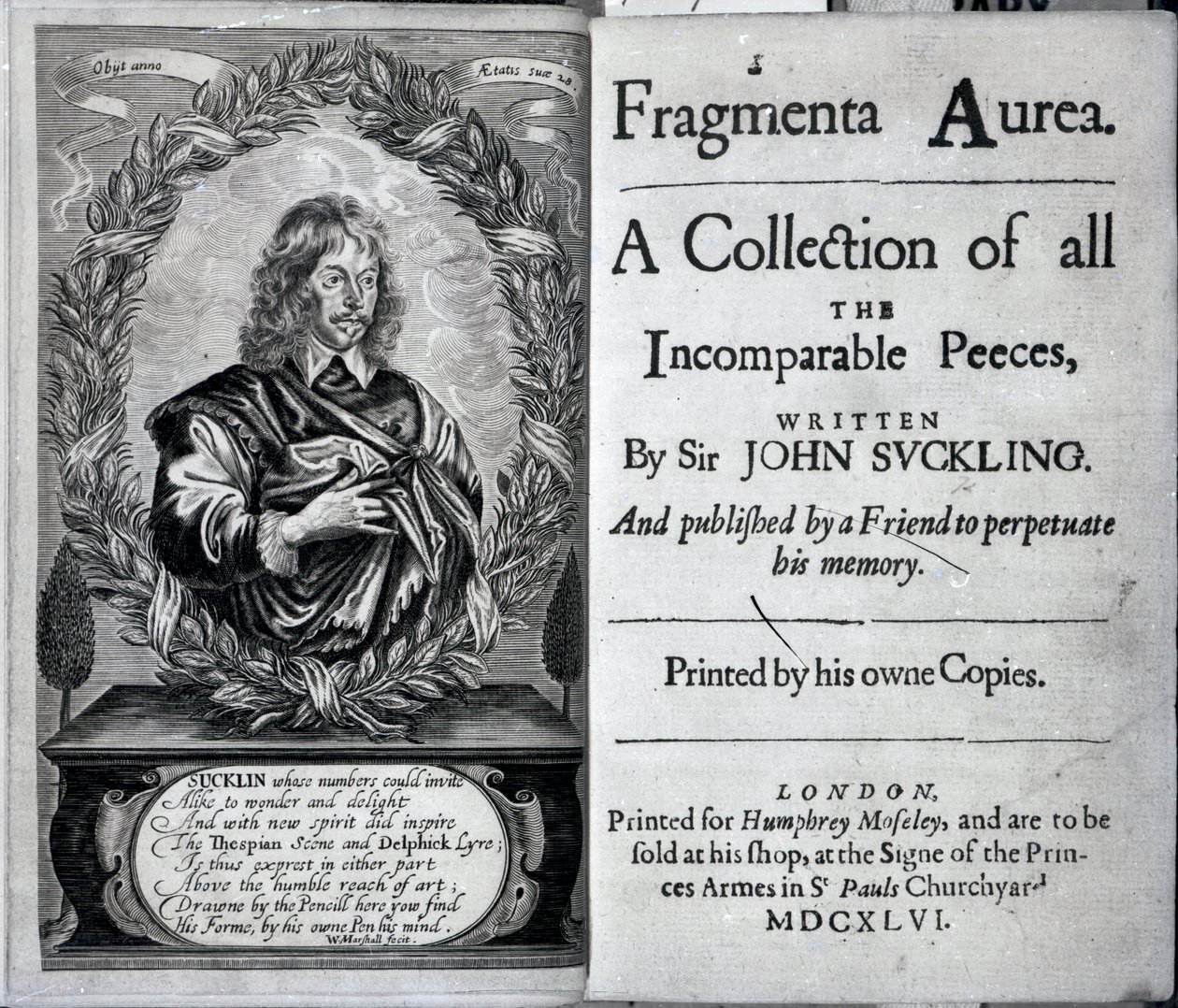 Frontispiz von Fragmenta Aurea, Eine Sammlung aller unvergleichlichen Stücke, geschrieben von Sir John Suckling, veröffentlicht 1646 von English School