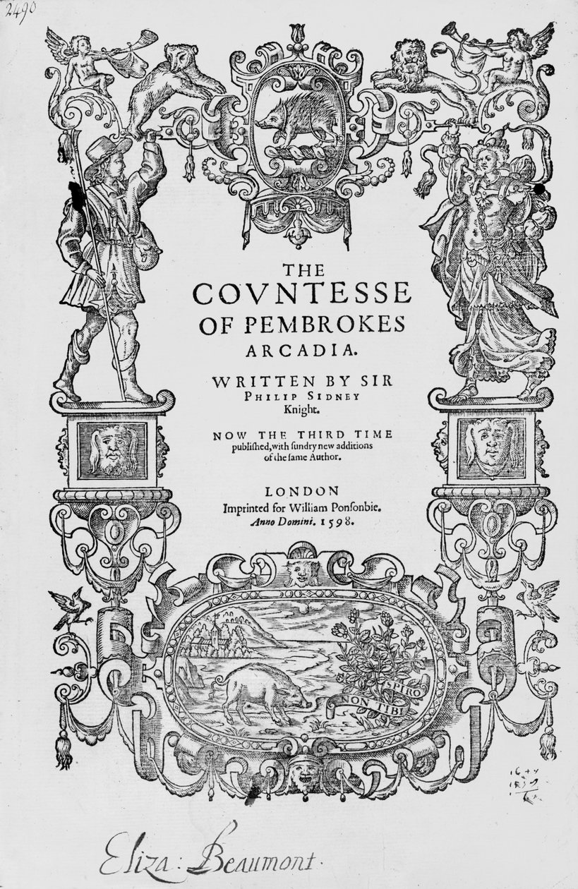 Frontispiz zu The Countess of Pembrokes Arcadia, 1592, von Sir Philip Sidney (1554-86), Dritte Ausgabe, veröffentlicht 1598 von English School