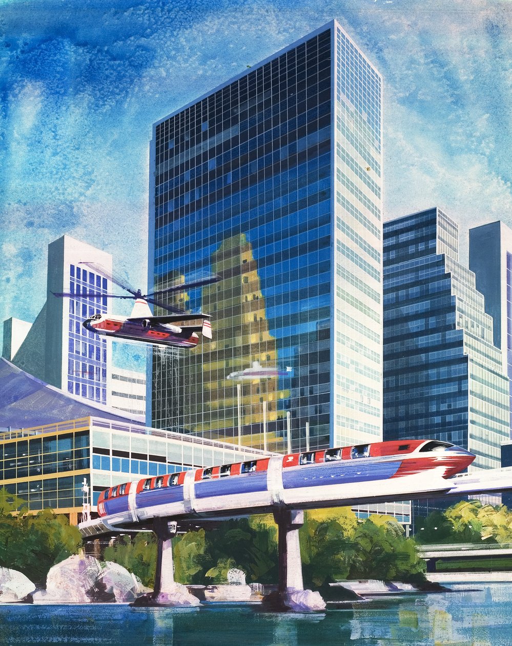 Futuristischer Einschienenbahn und Hubschrauber von English School