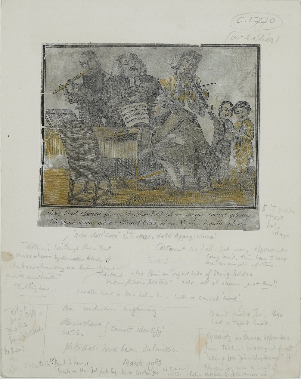 Georg Friedrich Händel, Johann Sebastian Bach, Giuseppe Tartini, Johann Joachim Quantz, Christoph Gluck, Niccolò Jommelli, ca. 1750 (handkolorierte Gravur) von English School
