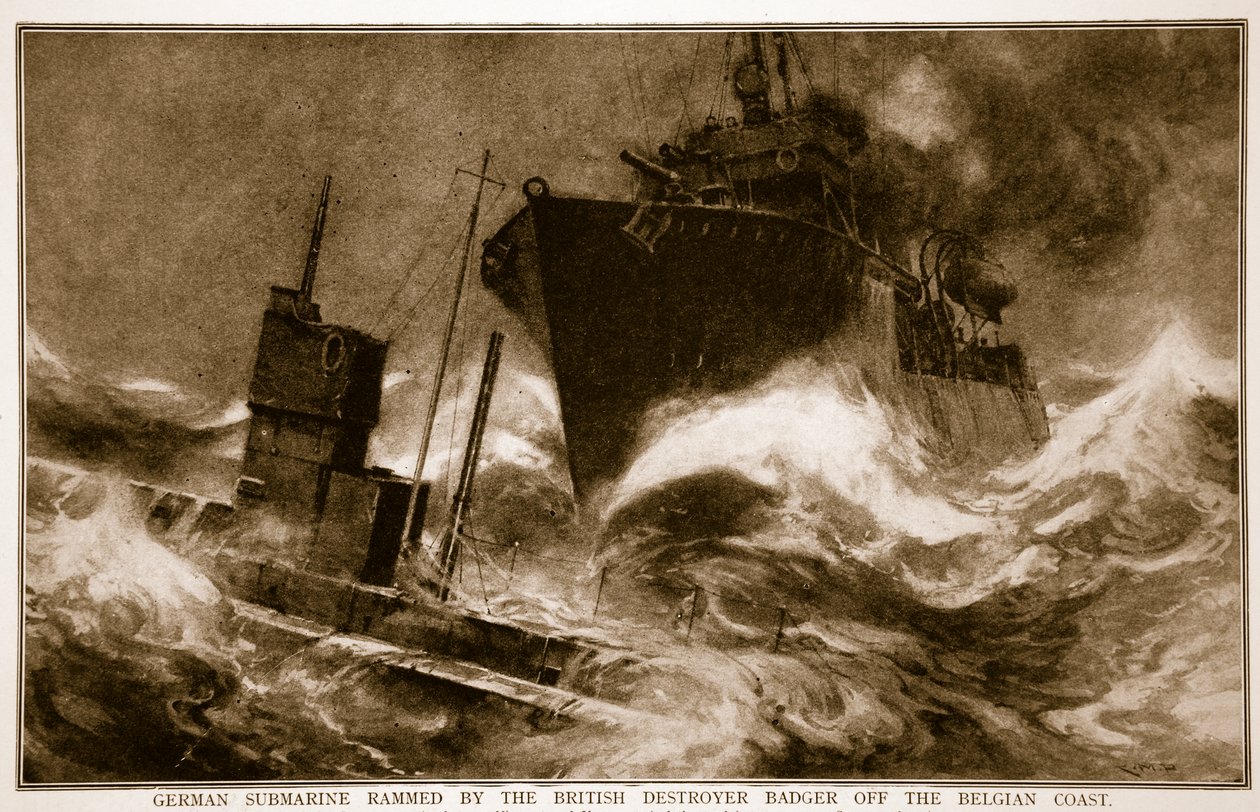 Deutsches U-Boot von britischem Zerstörer Badger vor der belgischen Küste gerammt, 1914-19 von English School