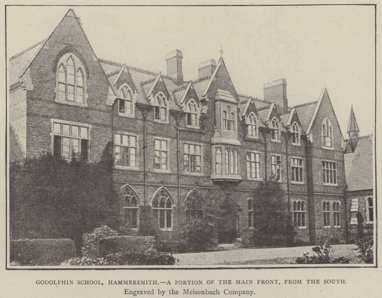 Godolphin School, Hammersmith, ein Teil der Hauptfront, von Süden (Gravur) von English School