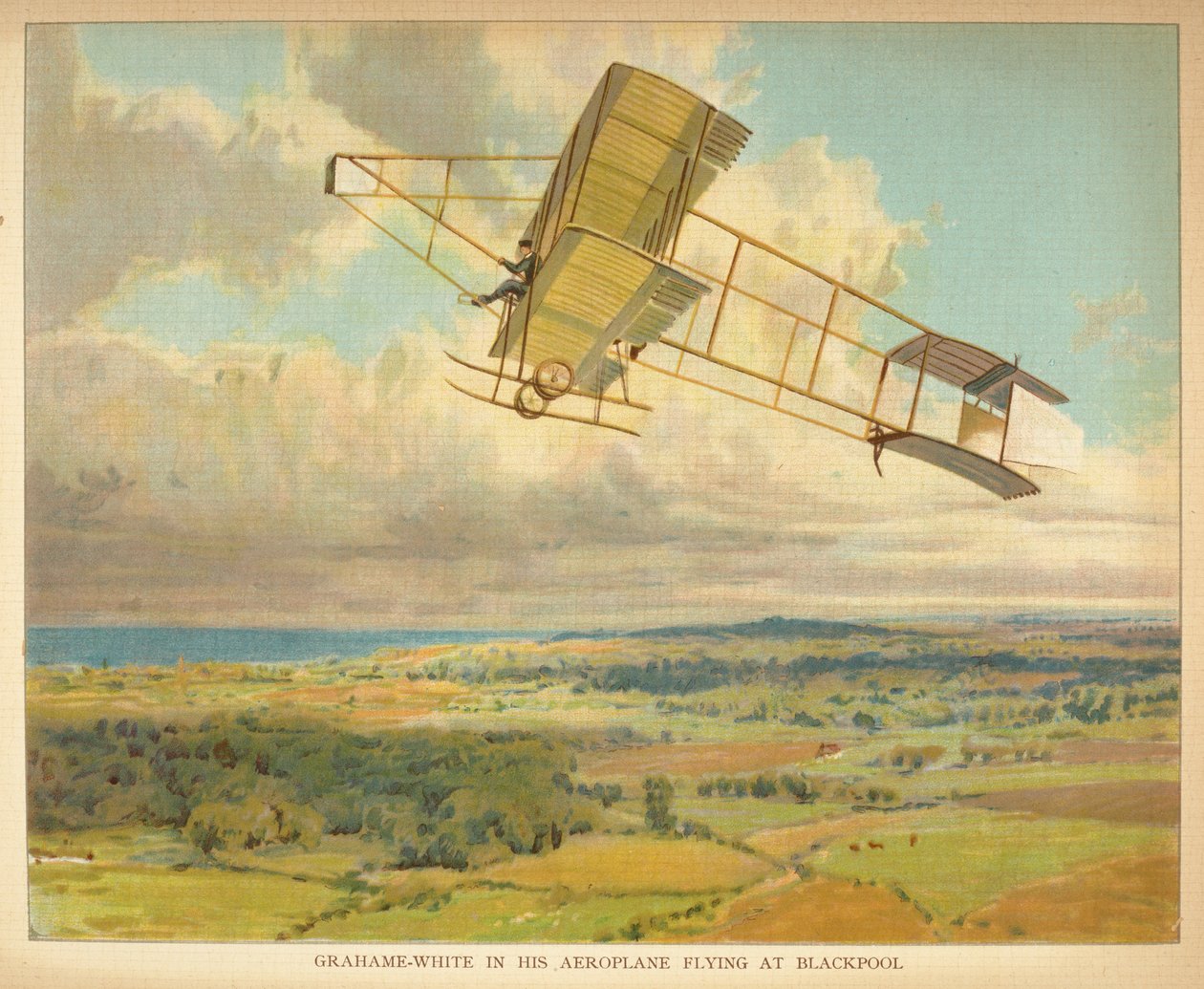 Grahame-White in seinem Flugzeug fliegend in Blackpool, aus dem 