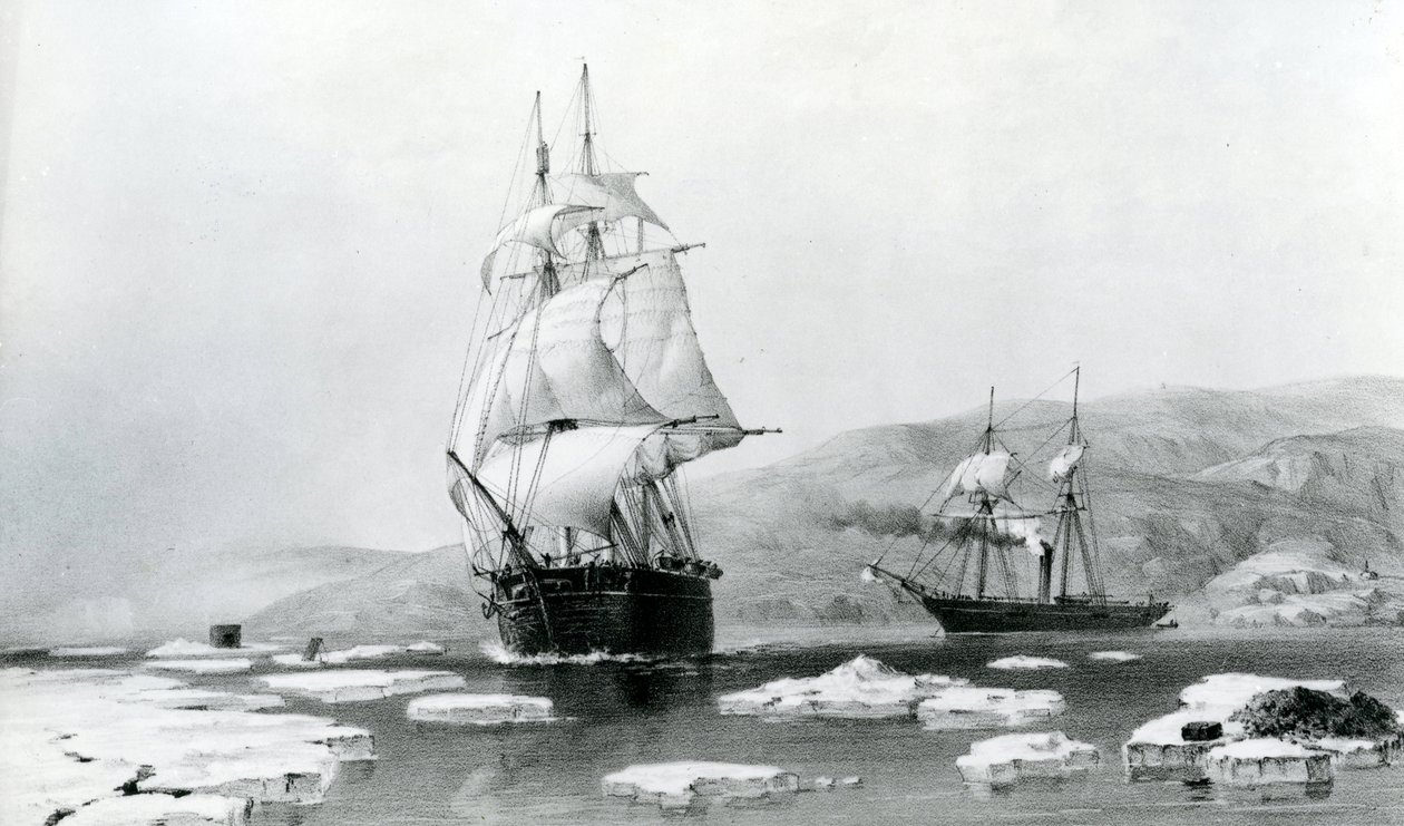 HMS Assistance und Pioneer brechen 1854 aus den Winterquartieren aus (Lithographie) von English School