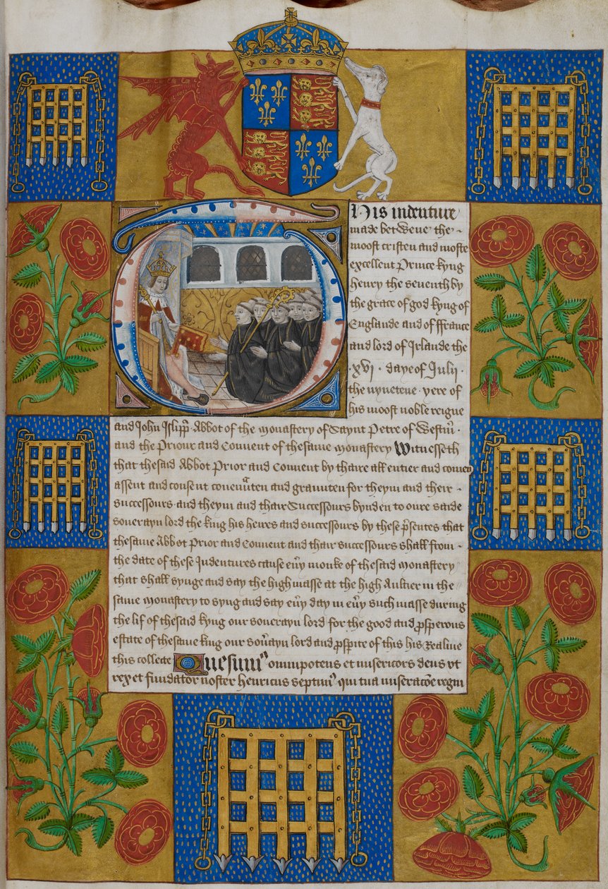 Harley 1498, f.1 Heinrich VII. überreicht die Urkunde an John Islip, Abt der Westminster Abbey, Urkunden der Westminster Abbey (Pergament) von English School