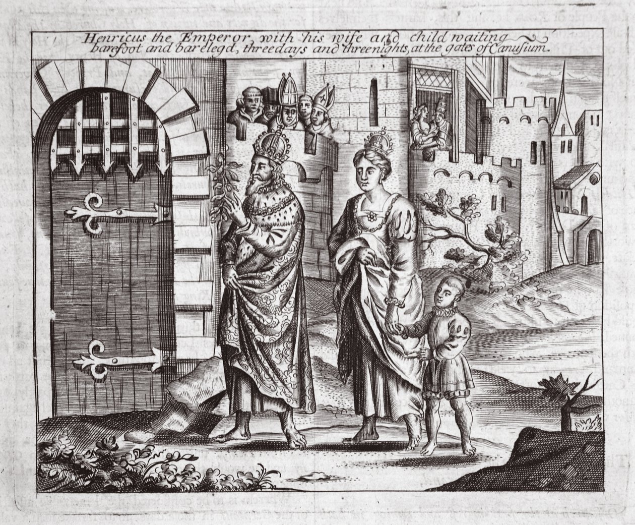 Henricus der Kaiser mit seiner Frau und seinem Kind, barfuß und barbeinig, drei Tage und drei Nächte vor den Toren von Canusuam wartend, Illustration aus Acts and Monuments von John Foxe, neunte Ausgabe von English School