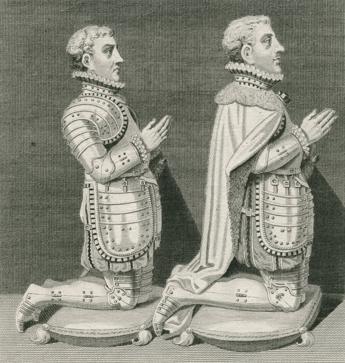 Henry Stuart, Lord Darnley und sein Bruder Charles Stuart, Earl of Lennox, kniend vor dem Grab ihrer Mutter in der Westminster Abbey, graviert von Andrew Birrell, 1796 von English School