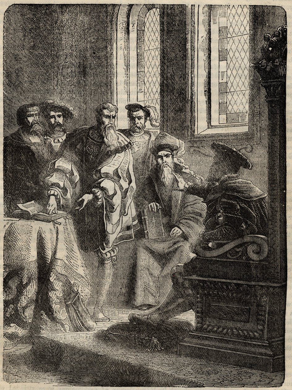 Heinrich VIII. und sein Rat ordnen die Übersetzung der Bibel ins Englische an - 1538 - Gravur aus „History of England“ von Cassell Petter & Galpin von English School