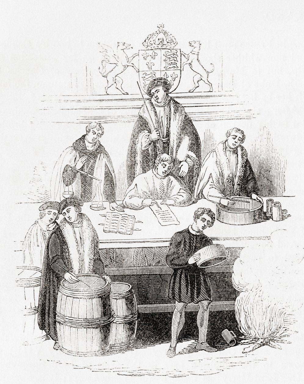 Heinrich VII. prüft Gewichte und Maße im Schatzamt im Jahr 1497, aus Old England: A Pictorial Museum, veröffentlicht 1847 von English School
