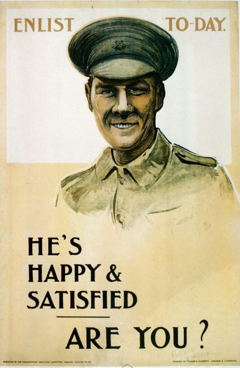 Er ist glücklich und zufrieden - Bist du es?, britisches Rekrutierungsplakat aus dem Ersten Weltkrieg, 1914-18 von English School