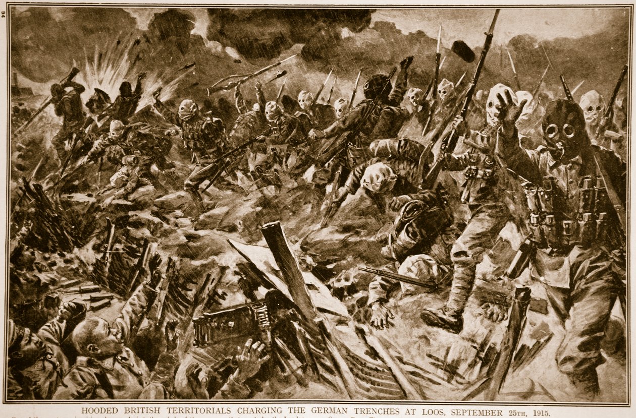 Vermummte britische Territorialtruppen stürmen die deutschen Schützengräben bei Loos, 25. September 1915, 1914-19 von English School
