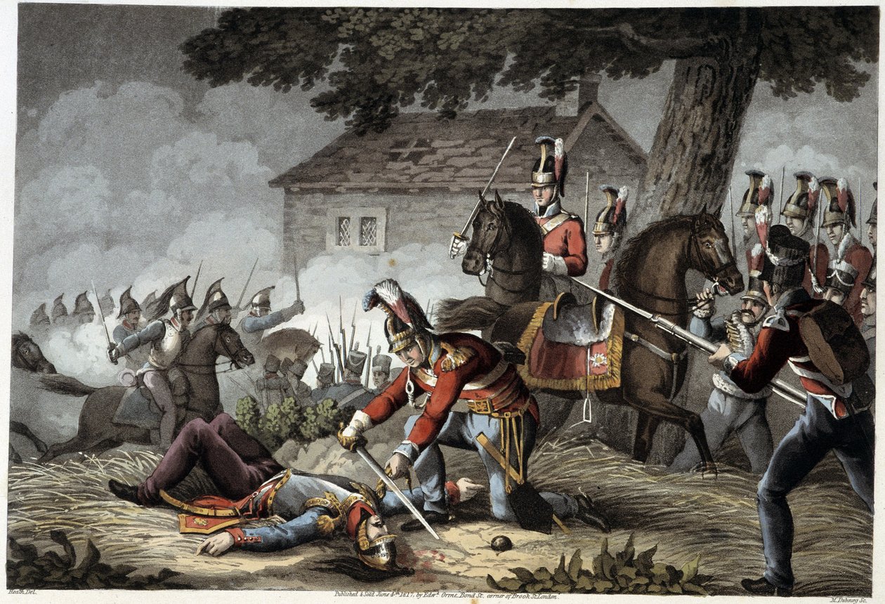 Horse Guard auf dem Schlachtfeld von Waterloo in „Historical, military and naval anecdotes and incidents that arrived at the British Armies and their allies, ending at Waterloo“ von Edward Orme. Illustriert von Fry, Sutherland, Clark, Dubourg, W.Heart, JA, von English School