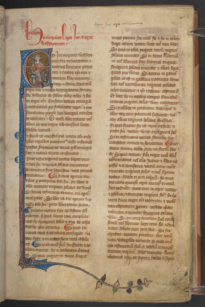 Bild von König Ine aus den Statuten von England, Cotton Manuskript Claudius D II von English School