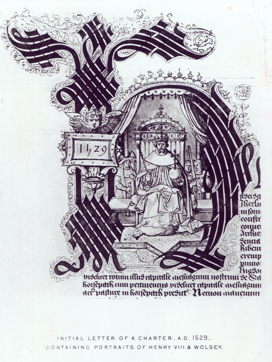 Initialbuchstabe einer Urkunde mit Porträts von Heinrich VIII. und Wolsey, 1529 von English School