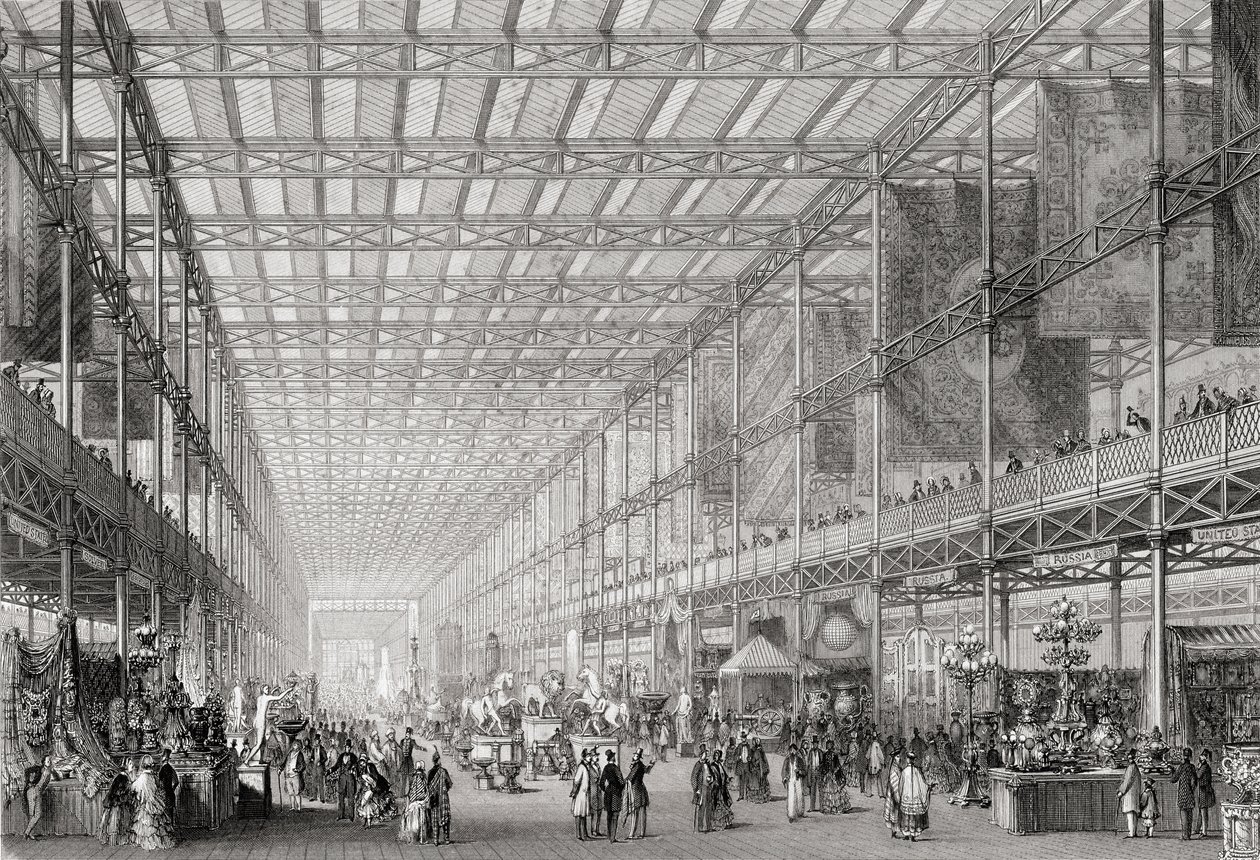 Innenansicht der Großen Industrieausstellung von 1851 im Hyde Park aus der Enzyklopädie der nützlichen Künste & Manufakturen, herausgegeben von Charles Tomlinson, ca. 1880er Jahre von English School