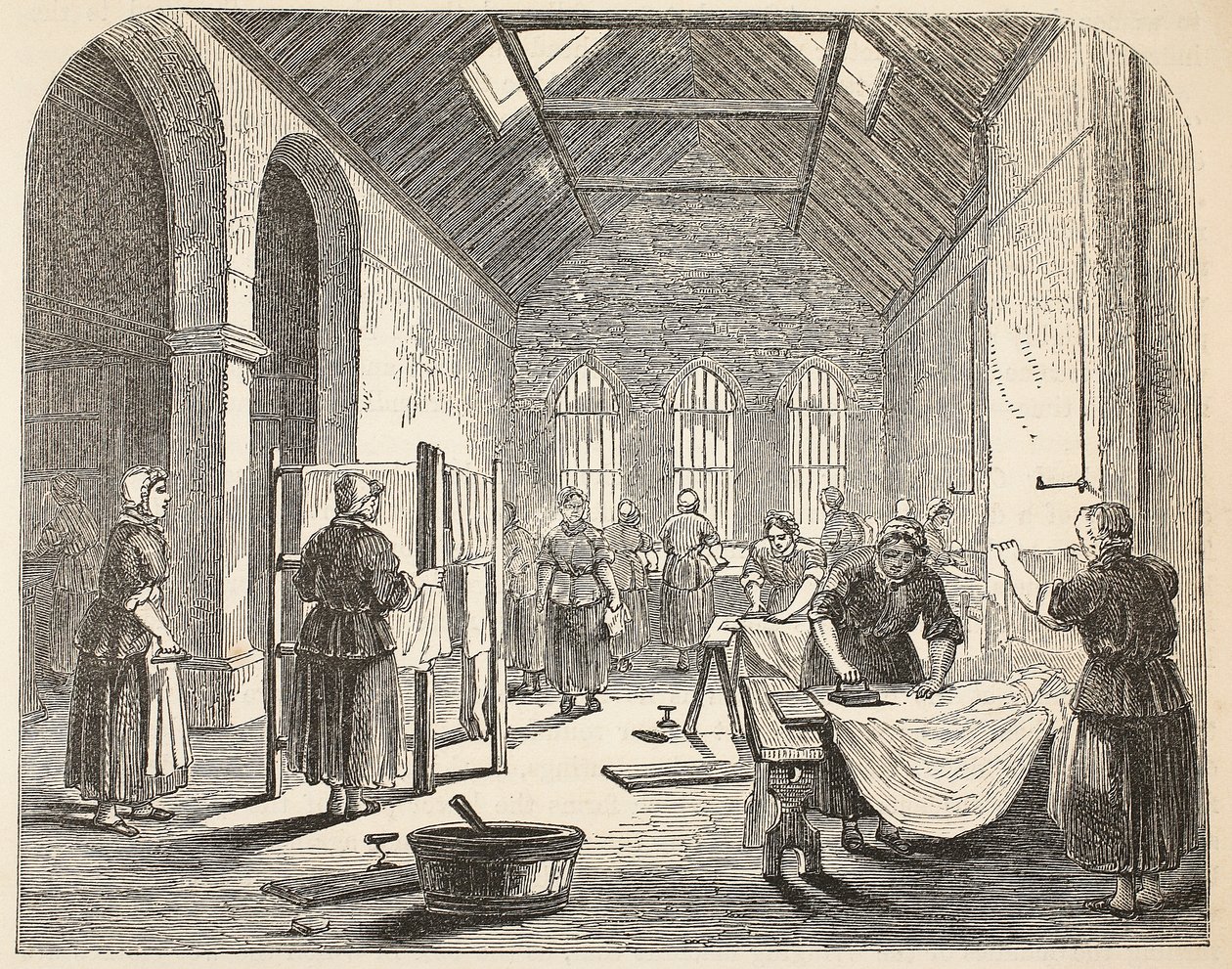 Bügelraum im Brixton-Gefängnis, Illustration aus The Criminal Prisons of London and Scenes from Prison Life von Henry Mayhew und John Binny, veröffentlicht 1862 von English School