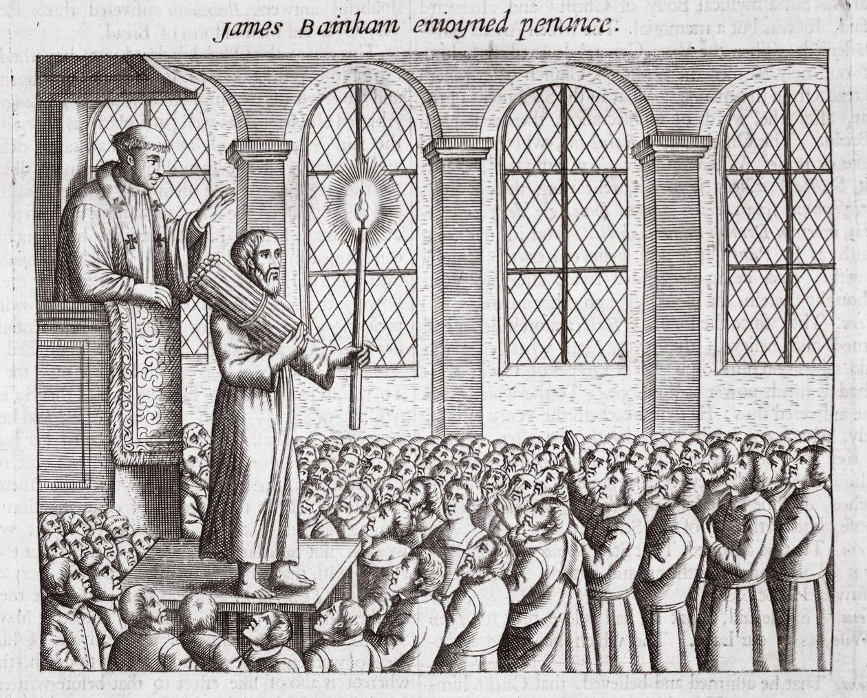 James Bainham zur Buße verurteilt, Illustration aus Acts and Monuments von John Foxe, neunte Ausgabe, veröffentlicht 1684 von English School