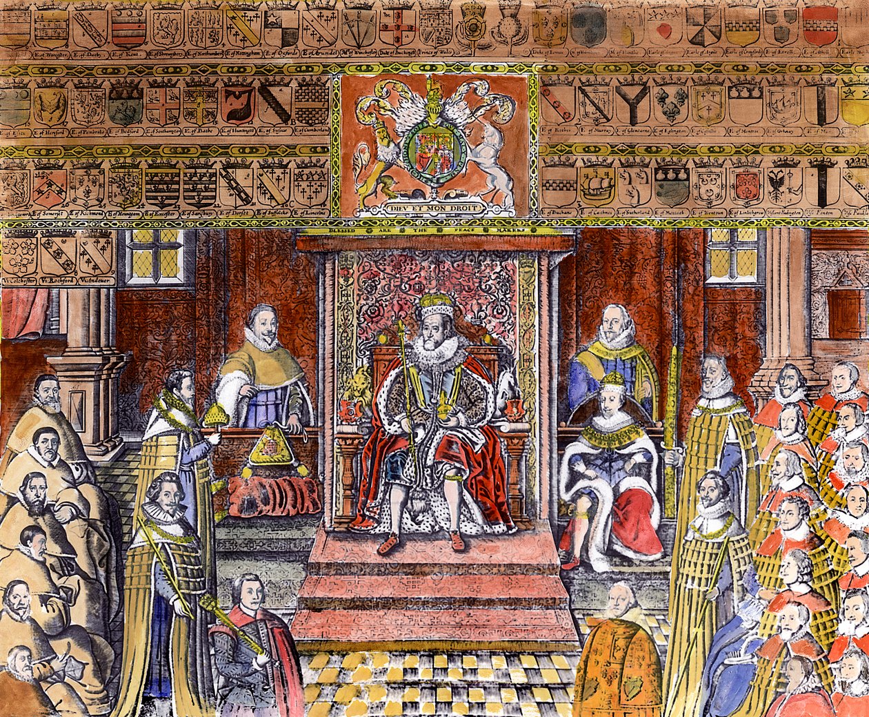 Jakob I. von England (1566-1625) am Hof (Gravur) (spätere Kolorierung) von English School