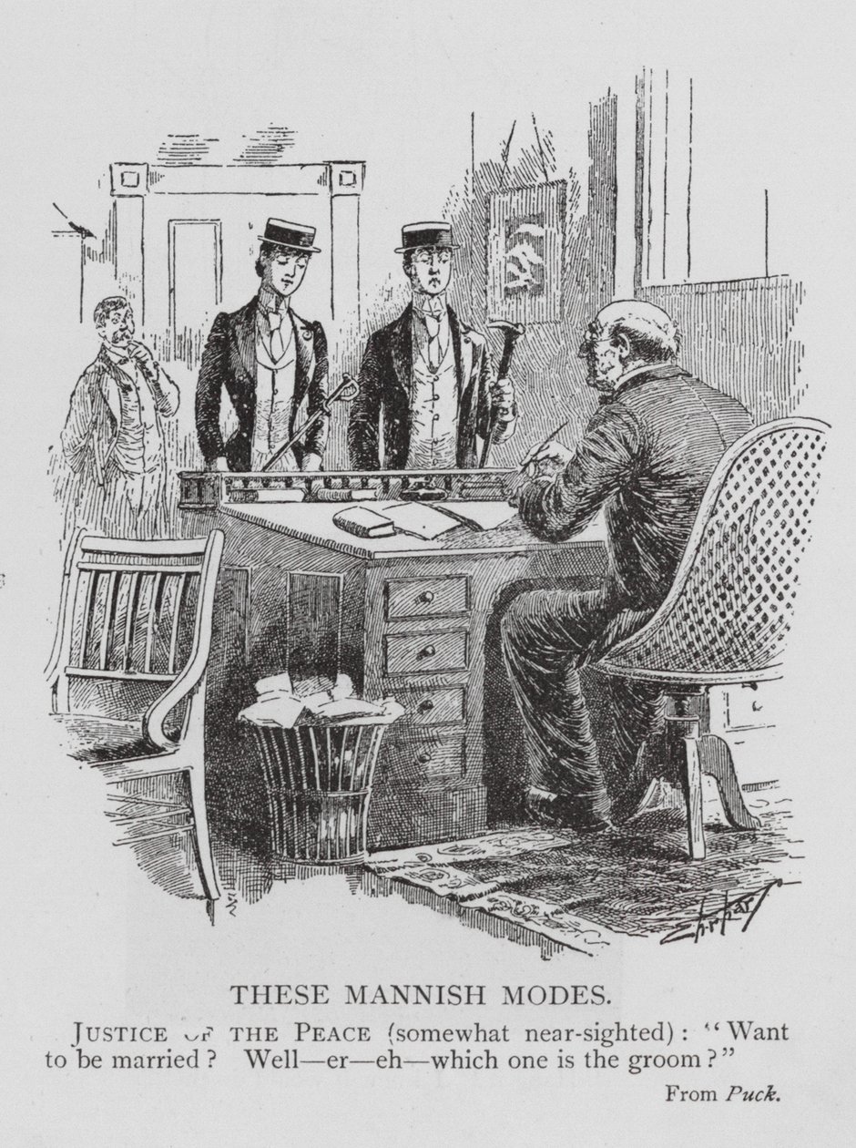 Friedensrichter kämpft, um die Braut vom Bräutigam zu unterscheiden aufgrund männlicher Mode (Gravur) von English School